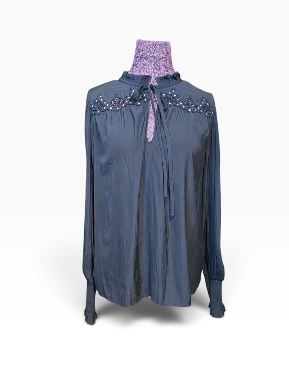 Ramy Brook Mandi Black Embellished Tie-Neck Blouse